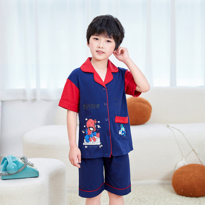 乔雅诗#春夏季儿童纯棉卡通蜘蛛侠套装男童简约开衫短袖短裤睡衣