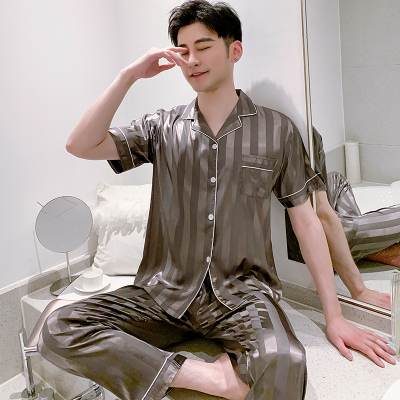夏季男士睡衣5050面料提花坑条短袖长裤纯色冰丝男生夏天家居服