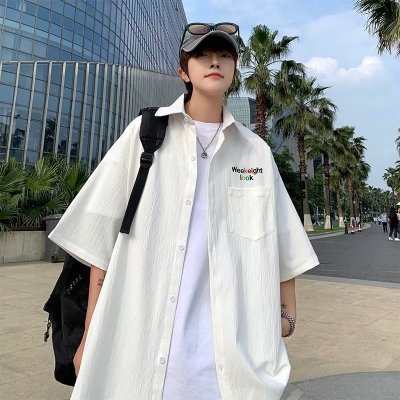 衬衫标准慵懒新款方领百搭短袖潮格子日系气质夏季男潮流青春流行