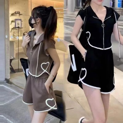 爱心连帽无袖上衣高腰短裤套装女夏季新款百搭休闲运动服两件套女
