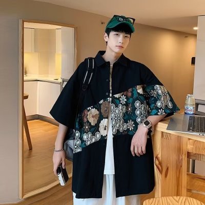 衬衫纽扣装饰青春流行方领五分袖日常ins夏季标准日系男潮潮流