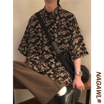 宽松型日系慵懒青春流行日常夏季衬衫原宿ins潮流潮男新款五分袖