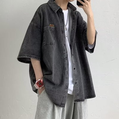 新款五分袖夏季牛仔布男标准原宿潮流简约青春流行百搭纯色衬衫潮