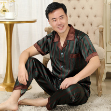 批发乔雅诗#男士条纹短袖长裤<b class='q'>睡衣</b>春夏季中老年冰丝仿<b class='q'>真丝</b><b class='q'>套装</b>加肥大