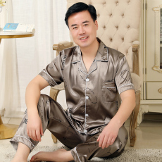 批发乔雅诗#春夏季男士字母短袖长裤<b class='q'>睡衣</b>中老年冰丝仿<b class='q'>真丝</b><b class='q'>套装</b>加肥大
