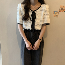 批发大码v领蝴蝶结短袖衬衫女2023夏季胖MM洋气百搭小众轻熟上衣