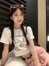 实拍实价  修身短款性感辣妹猫咪印花正肩短袖T恤