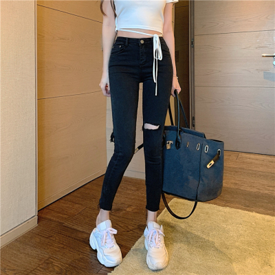 高腰紧身破洞牛仔裤女大码胖mm春季高腰韩版铅笔裤小脚裤子