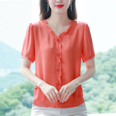 现货！2023夏季新款纯色V领木耳边短袖雪纺衫女遮肚显瘦气质上衣