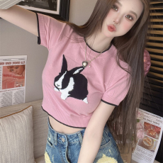批发童趣风兔子粉色短袖t恤女设计感小众夏季独特别致纯欲甜辣妹上衣