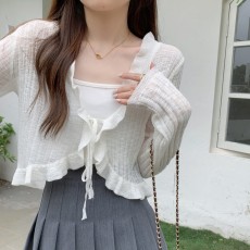 批发实拍实价 春夏韩版花边绑带<b class='q'>不规则</b>设计感防晒针织长袖开衫女上衣