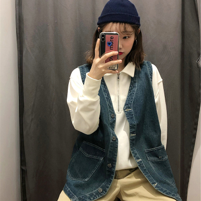 韩版学生牛仔背心外套女新款休闲宽松V领无袖马夹开衫潮女