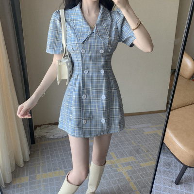 甜美法式初恋连衣裙女2023夏季新款温柔风小个子西装格子显瘦裙子