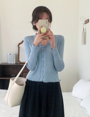 实价实拍 韩系chic纯色木耳边设计感防晒衫长袖针织开衫外套上衣