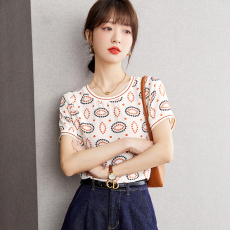 批发实拍◆◆圆圈印花真丝<b class='q'>短袖</b><b class='q'>T</b><b class='q'>恤</b>女桑蚕丝圆领套头宽松上衣小衫