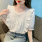实拍现货2023夏季设计感荷叶边衬衫女新款法式高级感压褶短袖轮播图2