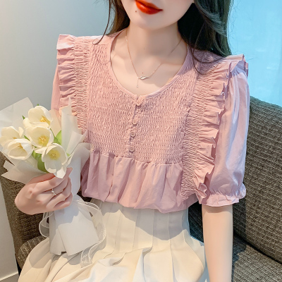 实拍现货2023夏季设计感荷叶边衬衫女新款法式高级感压褶短袖