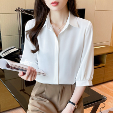 批发实拍高级感缎面白<b class='q'>衬衫</b>女夏季设计感小众七分袖<b class='q'>职业</b>面试<b class='q'>衬衣</b>