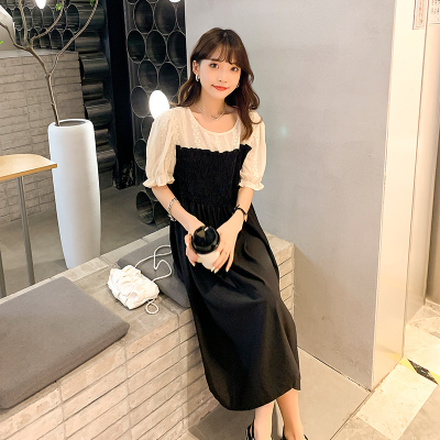 实拍大码女装胖MM时尚夏日显瘦蕾丝拼接法式泡泡袖小黑裙女连衣裙