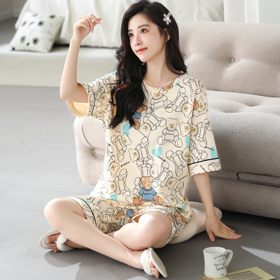 卡馨 2023睡衣女夏季薄款6040棉圆领短袖短裤可爱卡通家居服套装
