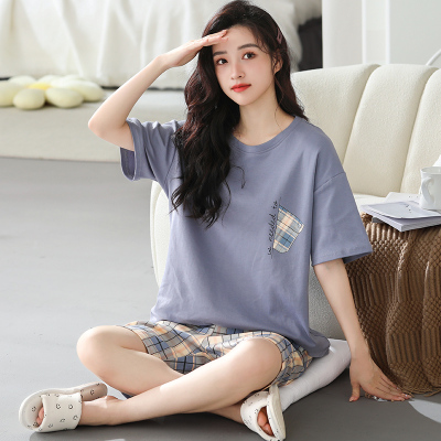 卡馨 2023睡衣女夏季薄款6040棉圆领短袖短裤可爱卡通家居服套装