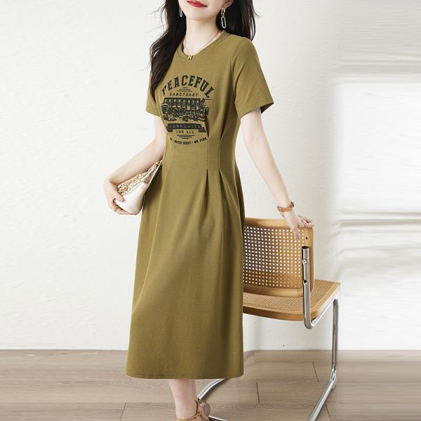 RM12051#印花休闲裙子夏季圆领短袖收腰显瘦透气女连衣裙
