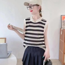 夏季无袖撞色针织衫镂空大码T恤显瘦chic条纹宽松背心女上衣