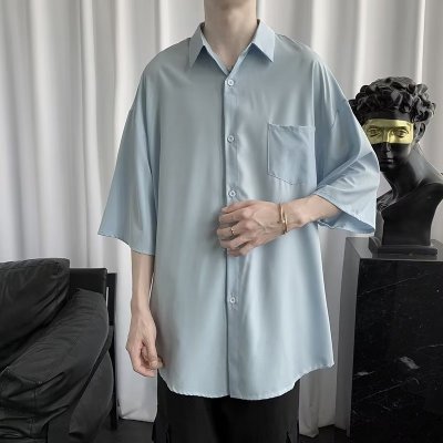 原宿衬衫潮流青春流行五分袖标准新款文艺男简约春季潮慵懒纯色