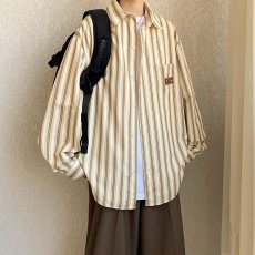 批发条纹长袖衬衫男秋季新款<b class='q'>日系</b><b class='q'>复古</b>衬衣高级感潮牌痞帅外套