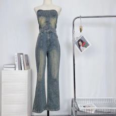 批发画解WAHJUIS 天生尤物 复古牛仔做旧抹胸女夏弹力高腰微喇<b class='q'>牛仔裤</b>