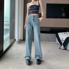 实拍实价~春季美式复古毛边抓痕牛仔裤女高腰垂感直筒显瘦长裤子