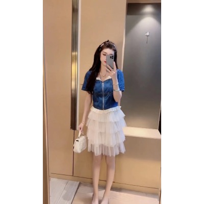 方领牛仔衬衫女夏设计感小众别致气质女神范短款上衣两件套装裙子