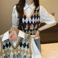批发实拍实价 新款设计感菱形针织<b class='q'>马甲</b>衬衫假两件短袖上衣女
