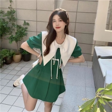 批发大码女装法式撞色蝴蝶结<b class='q'>西装</b>连衣裙女夏季胖mm复古盘扣设计感裙子