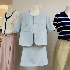 批发TG法式小香风套装女夏高级感小个子短袖<b class='q'>西装</b>外套+a字半身裙两件套
