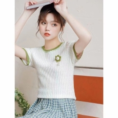 批发冰丝针织短袖T恤女2023夏季新款短款小个子宽松<b class='q'>可爱</b>卡通坑条上衣