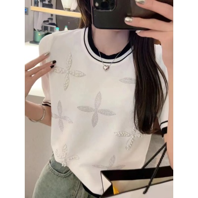 夏季曲珠冰丝短袖针织衫T恤女2023新款重工钉珠镶钻休闲宽松半袖