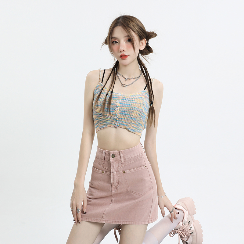 Dirty pink anti-exposure denim skirt for women 2023 spring new style high-waist hottie hip-covering skirt a-line culottes