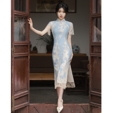 批发蕾丝<b class='q'>旗袍</b>2025年新款高端气质复古老<b class='q'>上海</b>民国风改良蚀骨中长款夏季