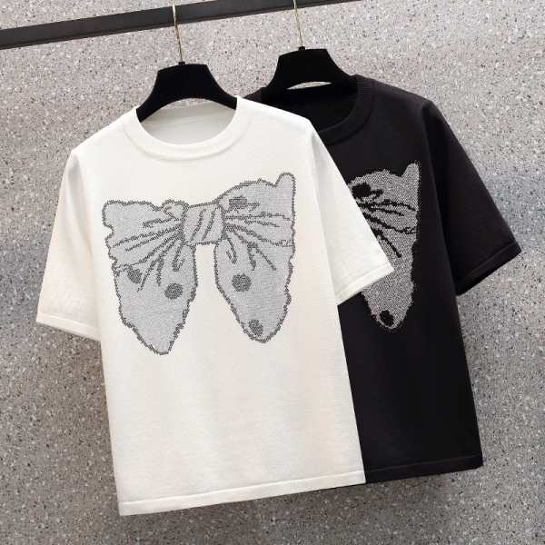 RY1625#大码女装2023夏季新款设计感蝴蝶结减龄显瘦圆领短袖T恤上衣