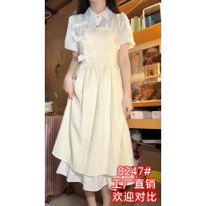 批发甜美学院风蝴蝶结假两件拼接<b class='q'>连衣裙</b>女学生韩版高腰显瘦蓬蓬初恋裙