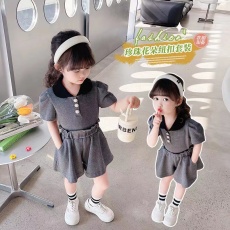 批发学院风女童两件套装夏2023新款娃娃领<b class='q'>韩版</b>洋气上衣+休闲百搭短裤