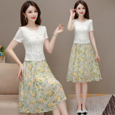 批发实拍假两件蕾丝印花连衣裙女夏季2025新款韩版气质轻熟中长a字裙
