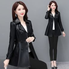 批发时尚秋冬夹克皮衣女2026新款秋季收腰气质减龄中长款黑色风衣外套