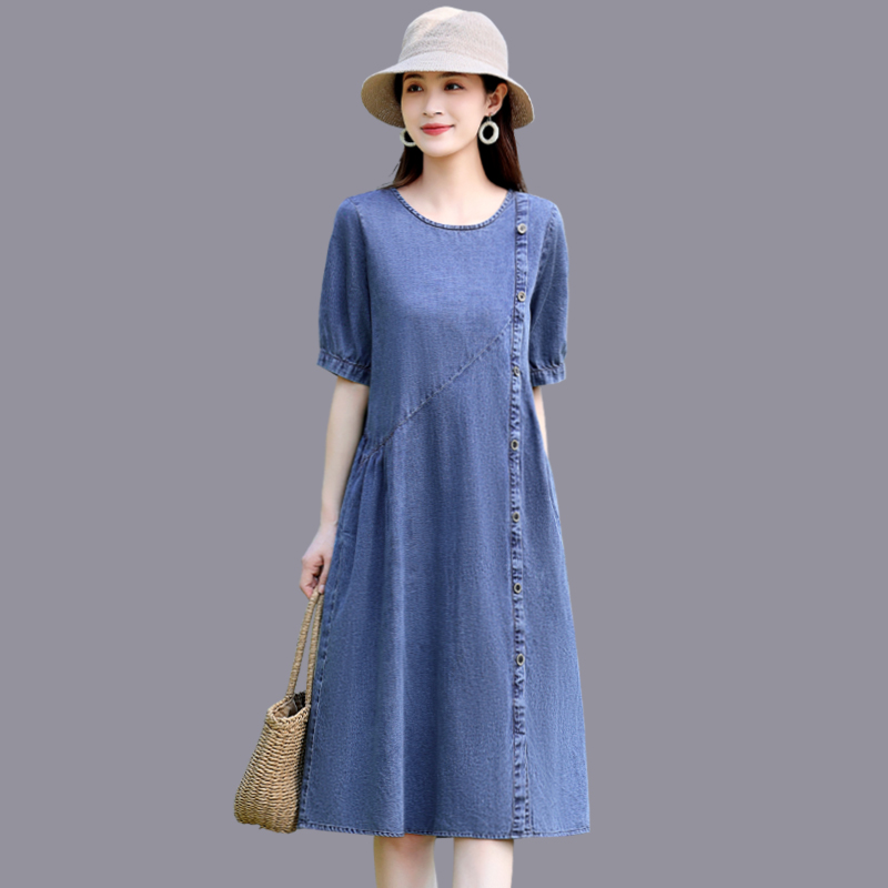 MY6366# 天丝牛仔连衣裙女夏季薄款大码休闲洋气妈妈收腰显瘦时髦遮肚裙子女裝貨源服裝批發