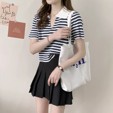 批发实拍~大码条纹针织V领夏天修身显瘦小衫<b class='q'>t</b><b class='q'>血</b>小个子短袖<b class='q'>T</b>恤