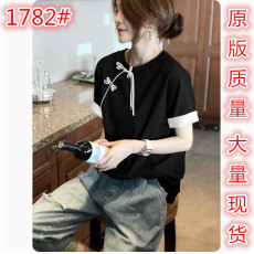 批发黑色新中式T恤短袖女高级感复古轻国风时尚2023年春夏装新款欧货