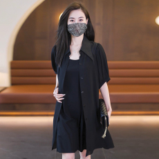 批发2026夏季短袖黑色雪纺<b class='q'>衬衫</b>领<b class='q'>连衣裙</b>套装胖MM气质显瘦吊带裙两件套