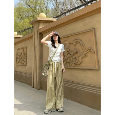 白色抽绳t恤女短袖夏季新款设计感紧身纯棉打底衫上衣+阔腿拖地裤