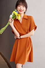 实拍◆有现货◆2023新款气质显瘦短裙高级感法式橘红色收腰连衣裙